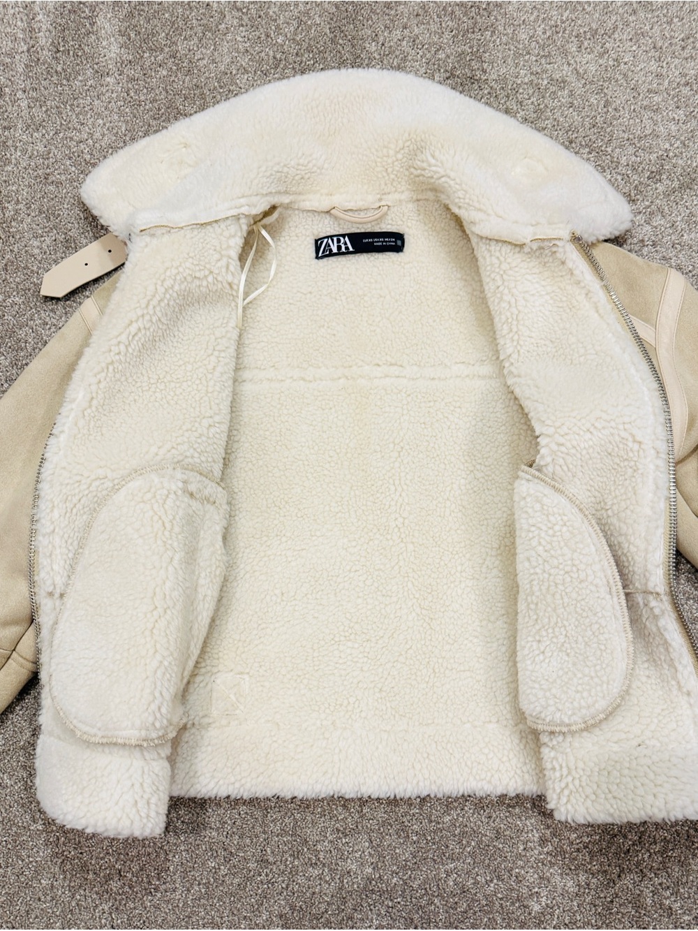 ZARA Double Faced Faux Suede Shearling Jacket Cream Beige Aviator Biker Size XS - Picture 8 of 11